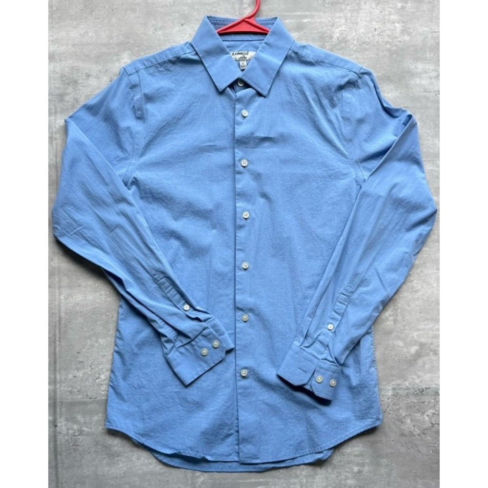 Express 1MX Fitted Solid Blue Cotton Dress Shirt Point Collar 14-14.5 32/33